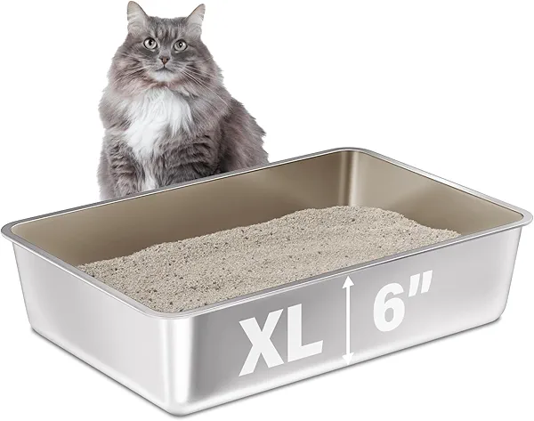 FUTAM Stainless Steel Litter Box, 23.6“x15.7"x6" Deep Stainless Steel Cat Litter Box Extra Large, XL Metal Litterbox for Big Cats with High Sides, Non Stick Surface, Easy to Clean