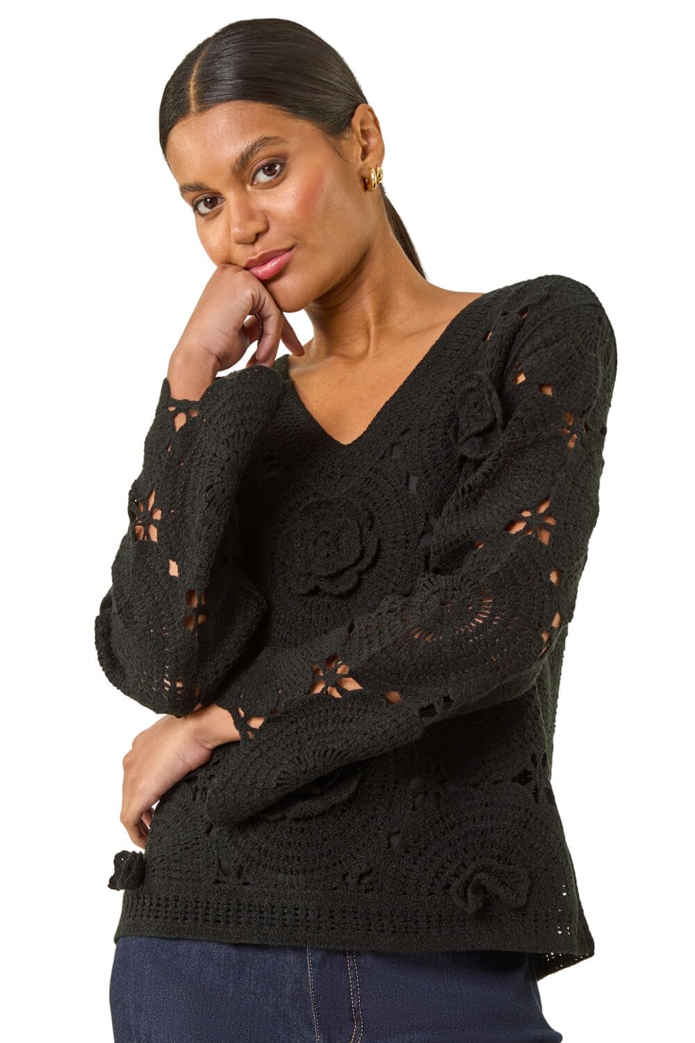 Roman Originals Crochet Floral Knit Jumper for Women UK - Ladies Everyday Autumn Winter V-Neckline Comfy Soft Evening Vacation Work Party Night Out - Burgundy - Size M