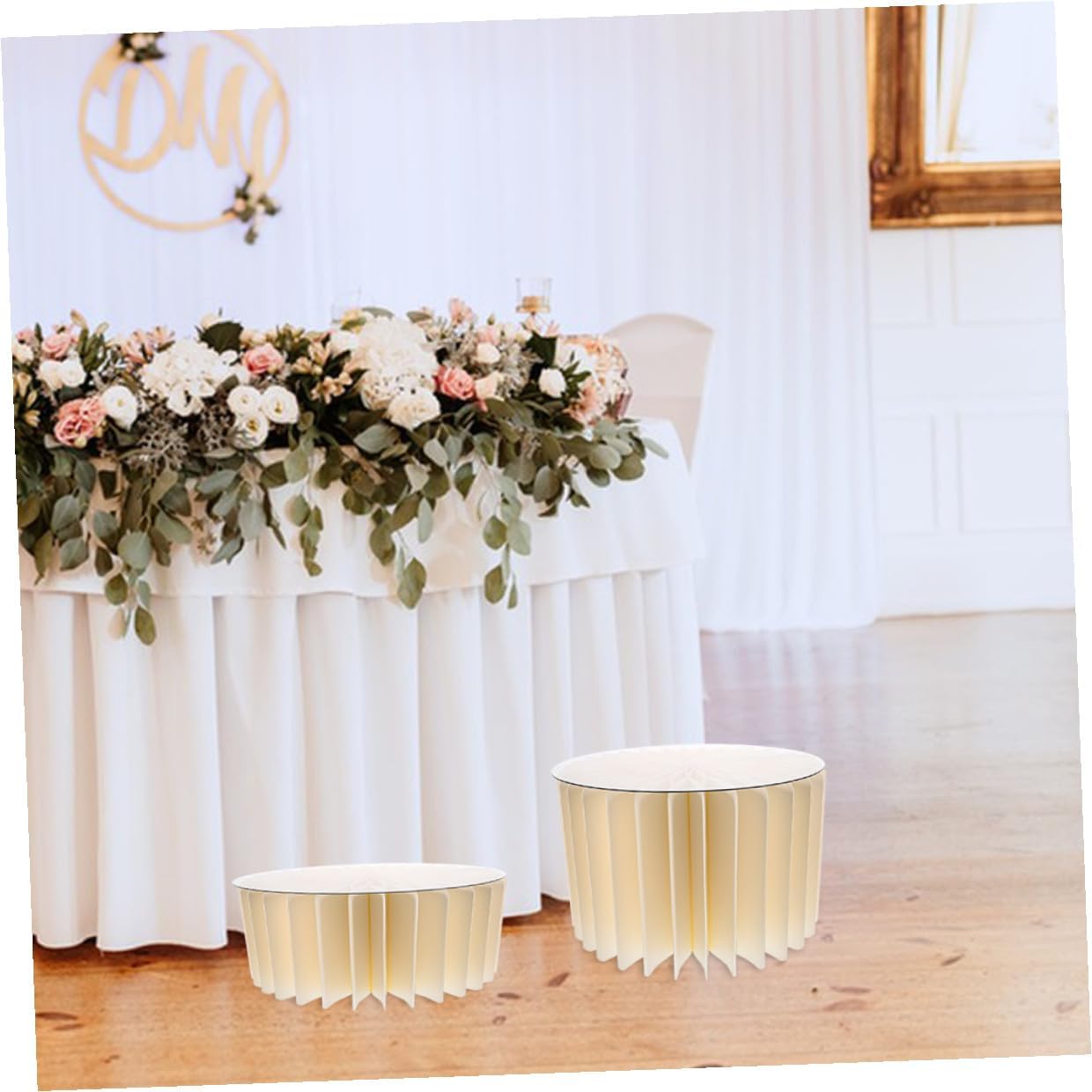 White Foldable Cylinder Pedestal Stands for Party 2pcs Set, round Paper Cake Display Columns with Reinforced Design, Wedding Centerpiece Table Backdrop Decor