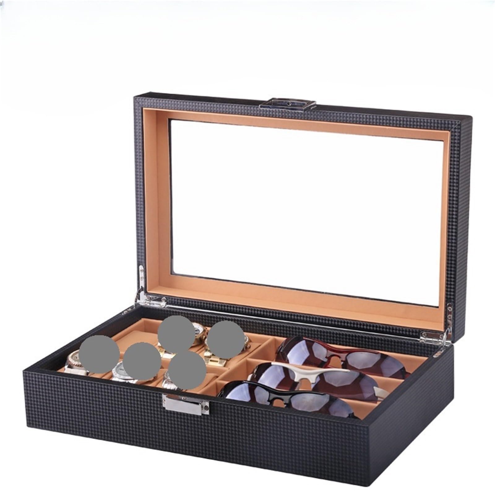 Uhr Brillenetui 6 Gitter Tisch 3 Gläser Aufbewahrungsbox Faser PU Leder Sonnenbrillen Box Display FüR Brillen