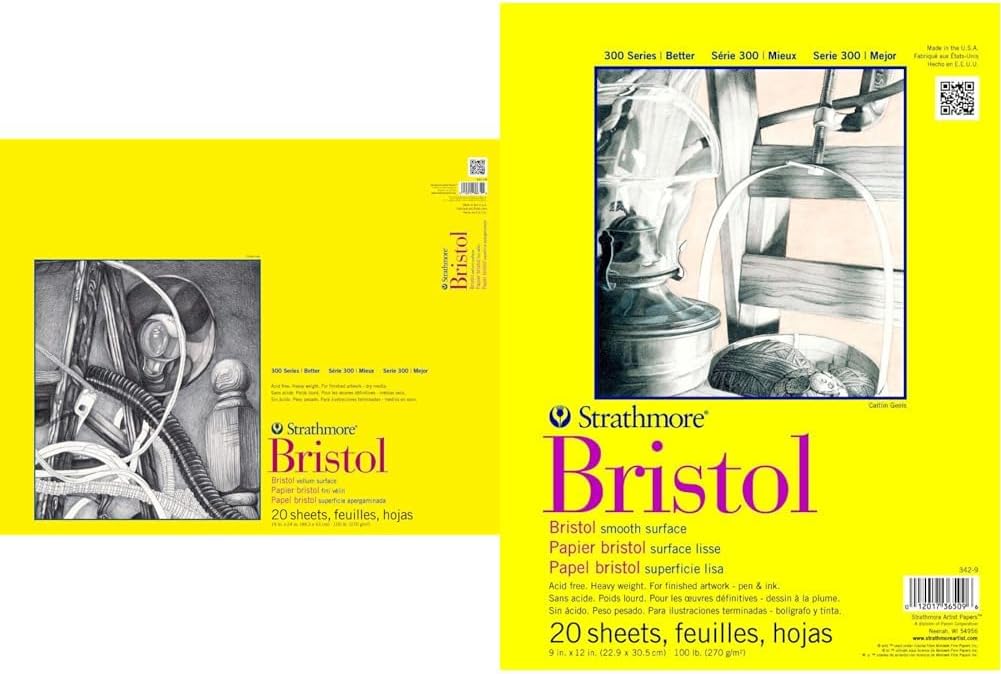 Strathmore 300 Series Bristol Paper Pad, Vellum, Tape Bound, 19x24 inches, 20 Sheets & 300 Series Bristol Paper Pad, Smooth, Tape Bound, 9x12 inches, 20 Sheets (100lb/270g)