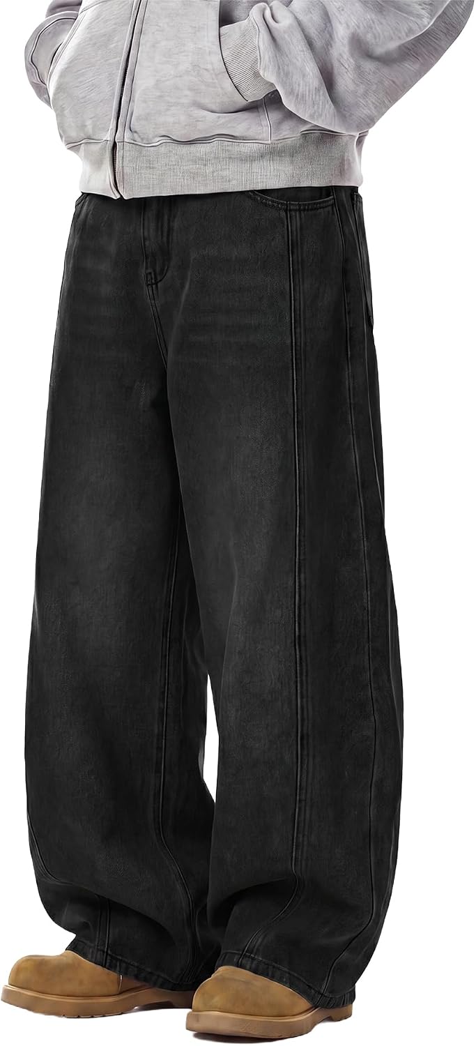 Mens Baggy Hip-Hop Jeans Wide Leg Loose Fit Denim Pants Y2K Vintage Streetwear Skater Jeans with Elastic Waist