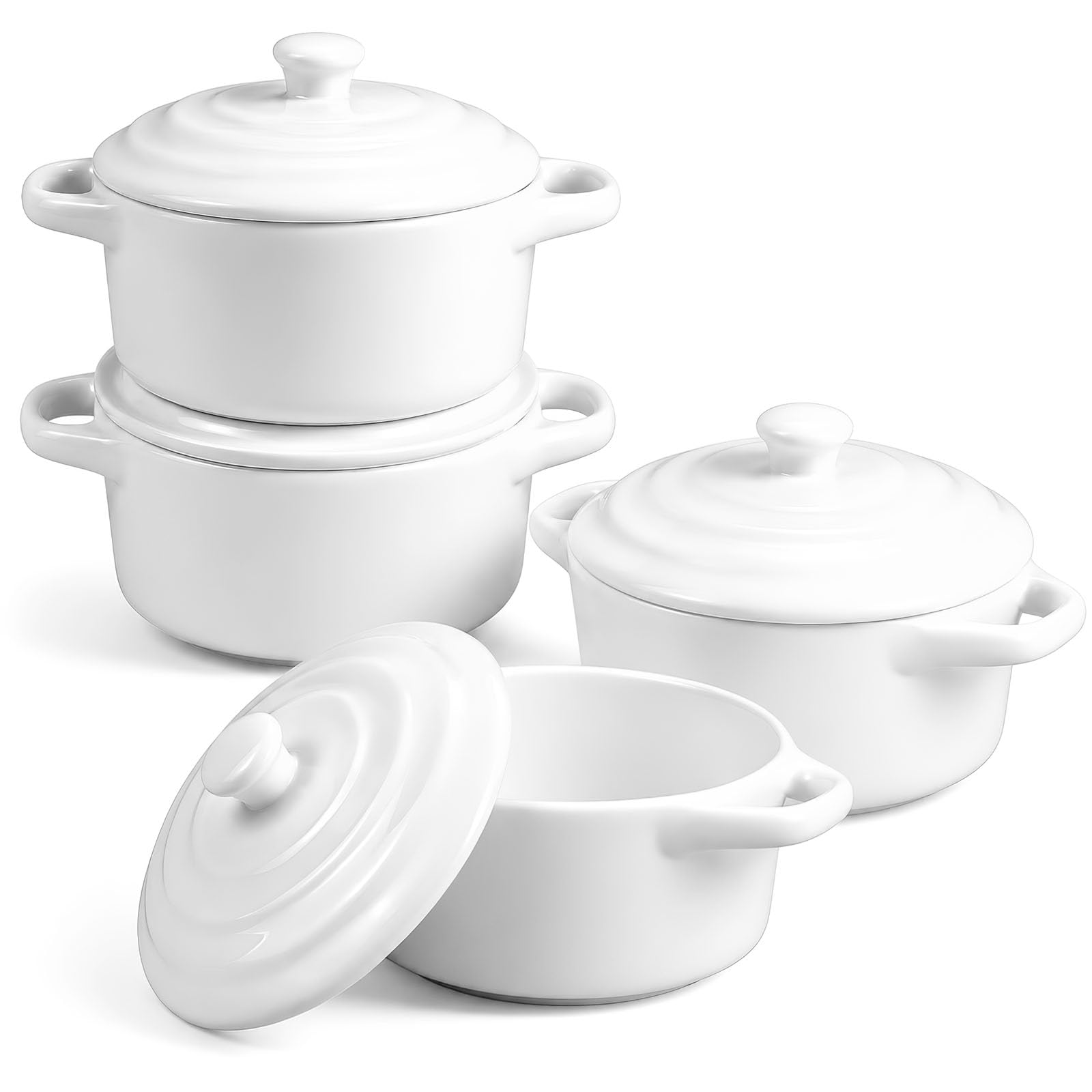 4 Stück Klein Auflaufform Set, 400 ml Mini-Cocottes Weiß Keramik mit Deckel