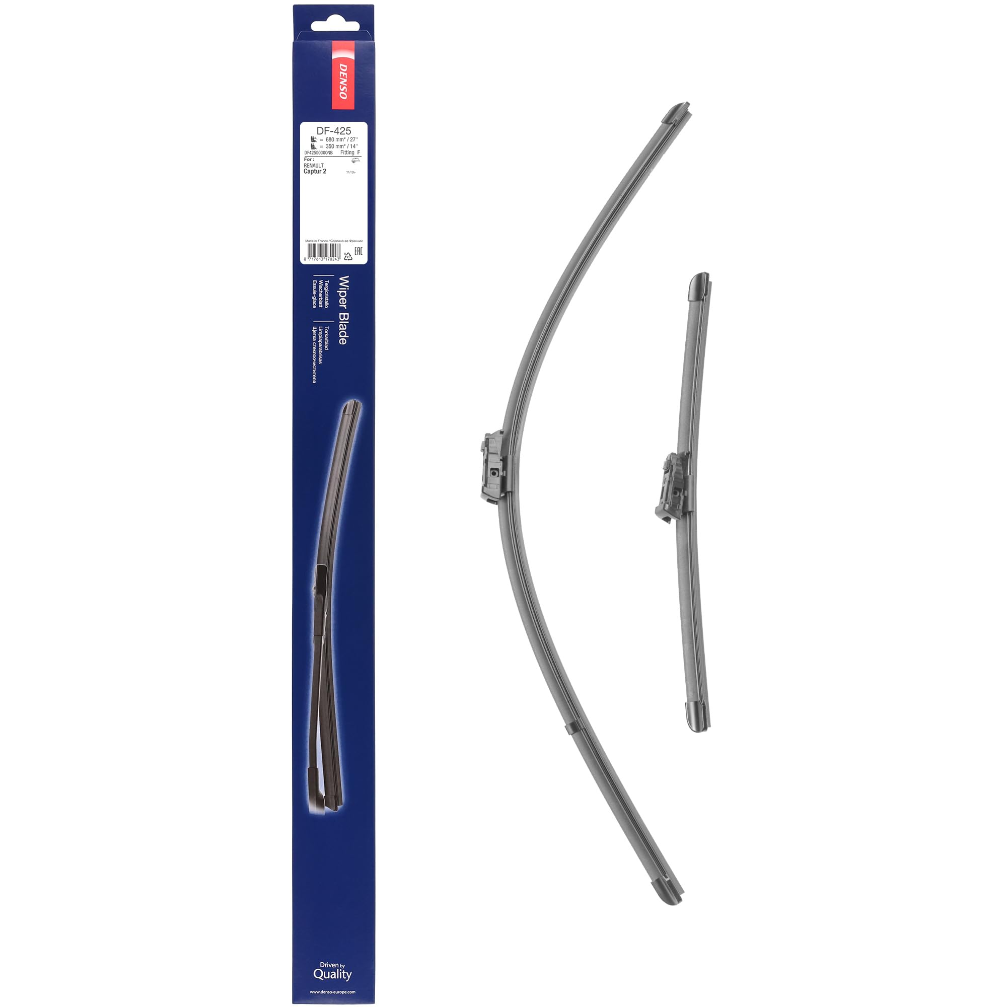 Kit de Escobillas Limpiaparabrisas Planas DENSO (DF-425), 2 Unidades 680/350mm – Vehículos con volante a izquierda – Silenciosas y Duraderas con Diseño Aerodinámico – Escobillas Limpiaparabrisas OEM