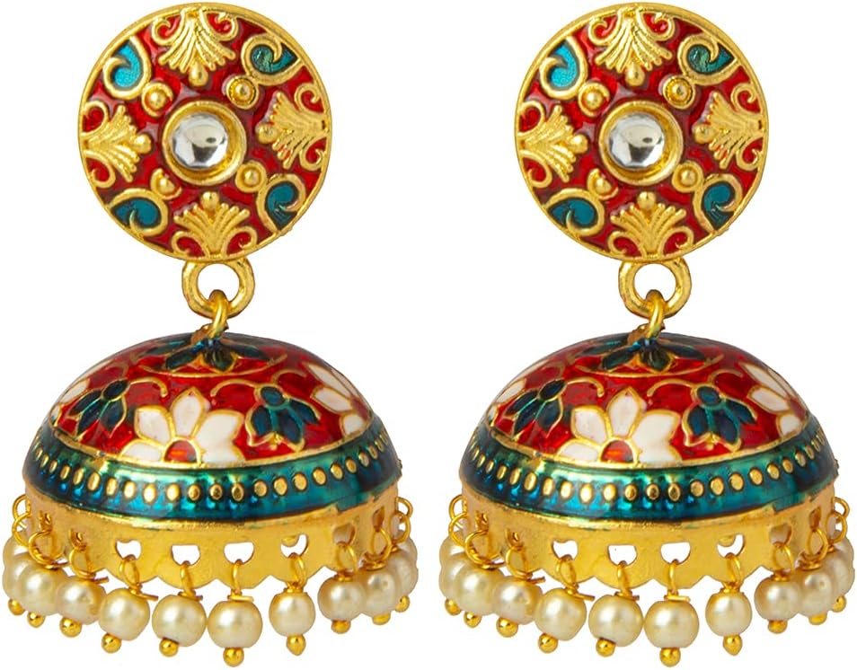 Bodha Traditional Indian Handcrafted Gold Plated Designer Traditional Ethnic Meenakari Kundan Jhumka Earrings Women