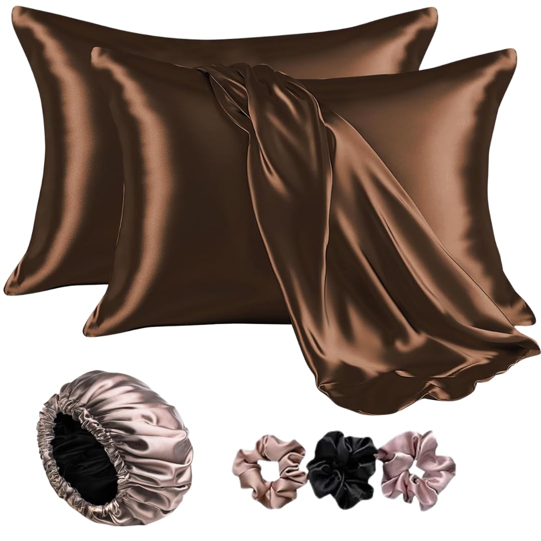 Go well Satin Bonnet for Curly Hair with 2 Silk Satin Pillow Covers and Scrunchies Pack of 3 | Silk Bonnet Hair (Brown)-image-34