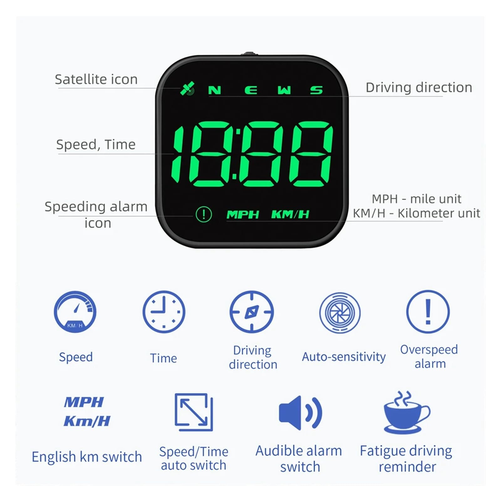 Sensor Automático LED HUD, Recordatorio De Conducción De Fatiga Con Brújula GPS, Pantalla Frontal De Coche G4S, Velocímetro Con Alarma De Exceso De Velocidad De 2,5 Pulgadas para todos los vehículos(G