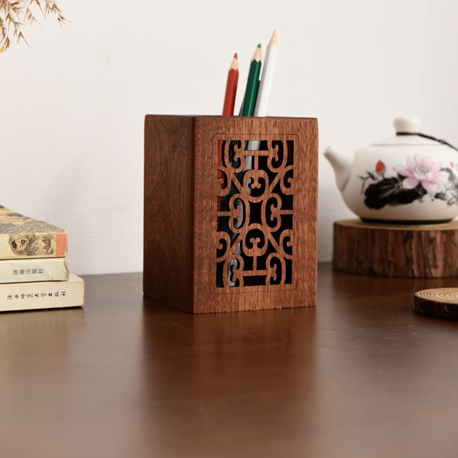 Portalápices de Madera, Caja de Almacenamiento de Escritorio, Organizador Sencillo para Oficina y Escuela (marrón, 8 x 8 x 10,5 cm)