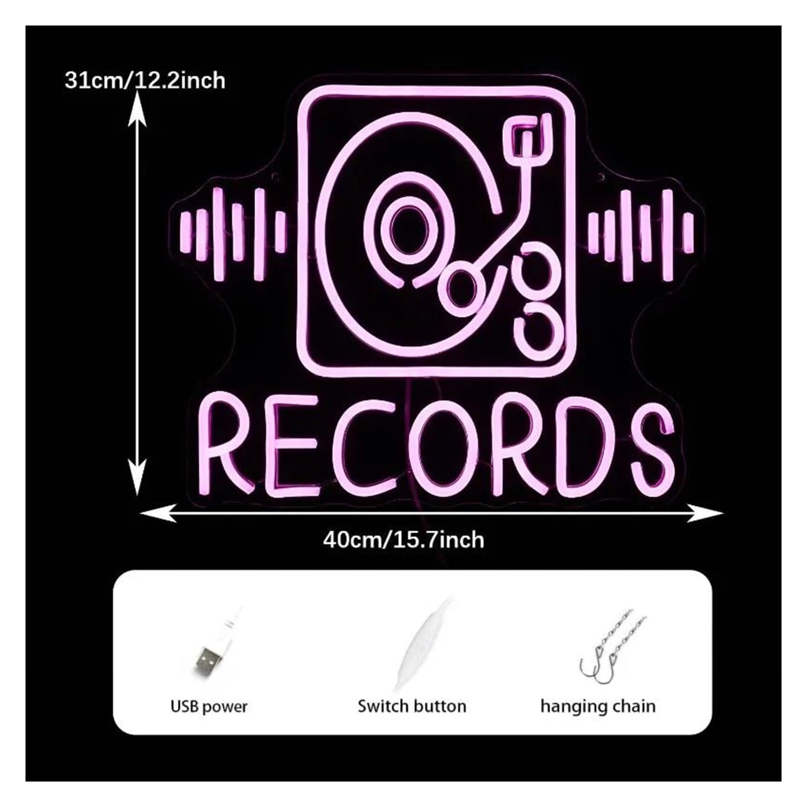 Insegna al Neon LED Records Insegna Al Neon Per Decorazione Murale USB Dimmerabile Rosa Negozio Di Dischi Musicali Karaoke Bar Party 31cm×40cm