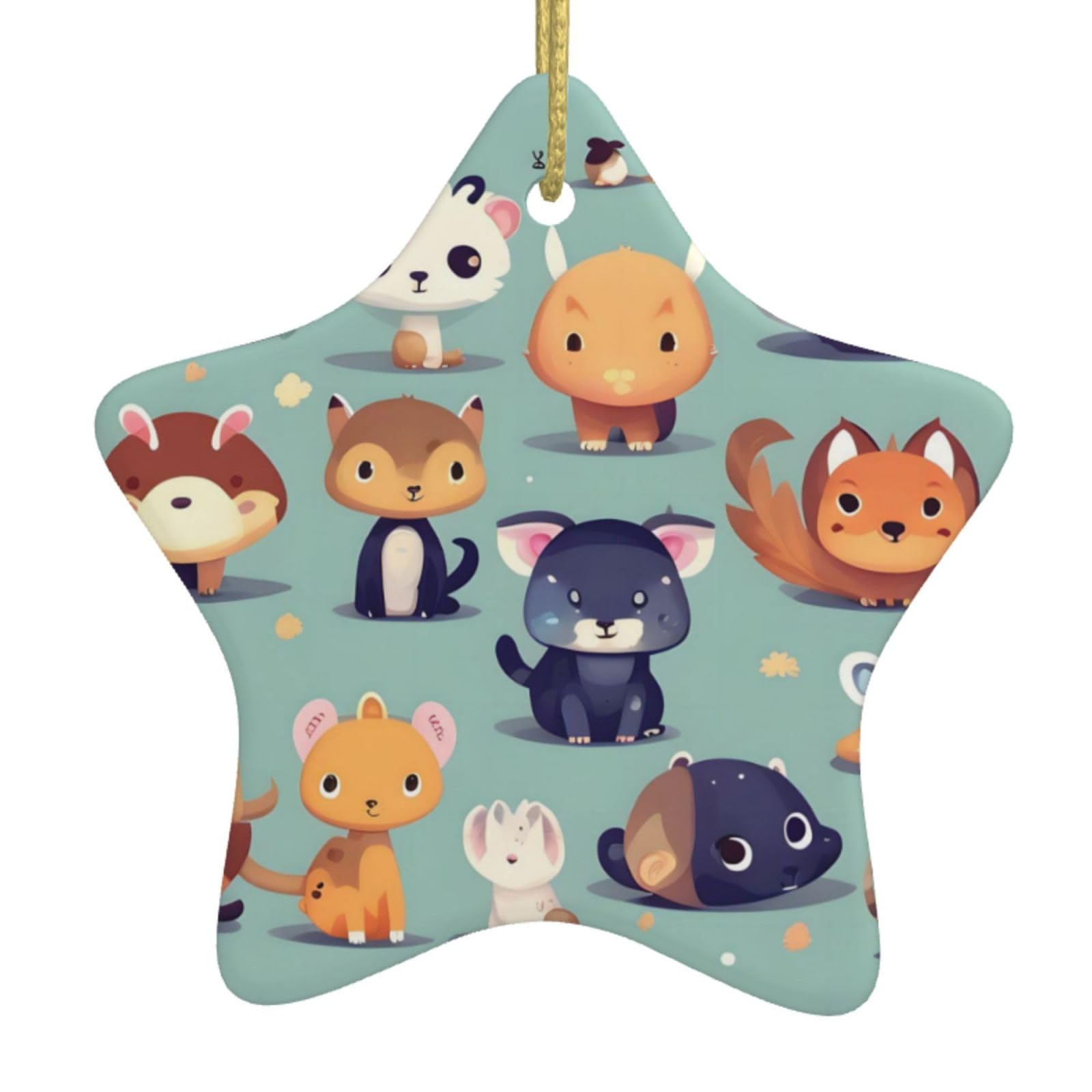 Cute Little Animals Christmas Ceramic Star Pendant with Punched Holes and Gold Wire Rope, Christmas Tree Home Decoration