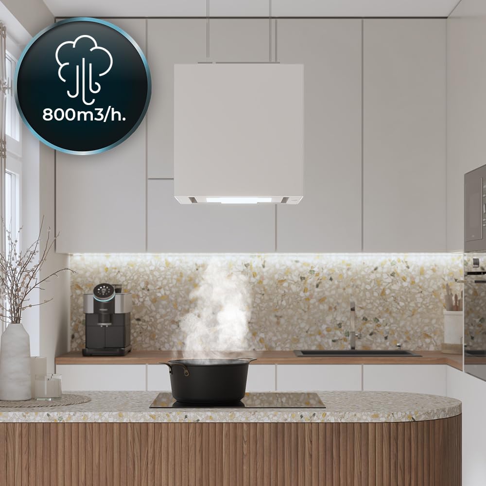 Cecotec Cappa Aspirante a Isola 44 cm, Cappa Cucina. Bolero Flux CCT 448000 Glass White A++ Cappa 44cm vetro bianco, Flusso d'Aria 800m3/h, 210W, A++, Slider, LED, Carbonio Ø176, alluminio 5 strati
