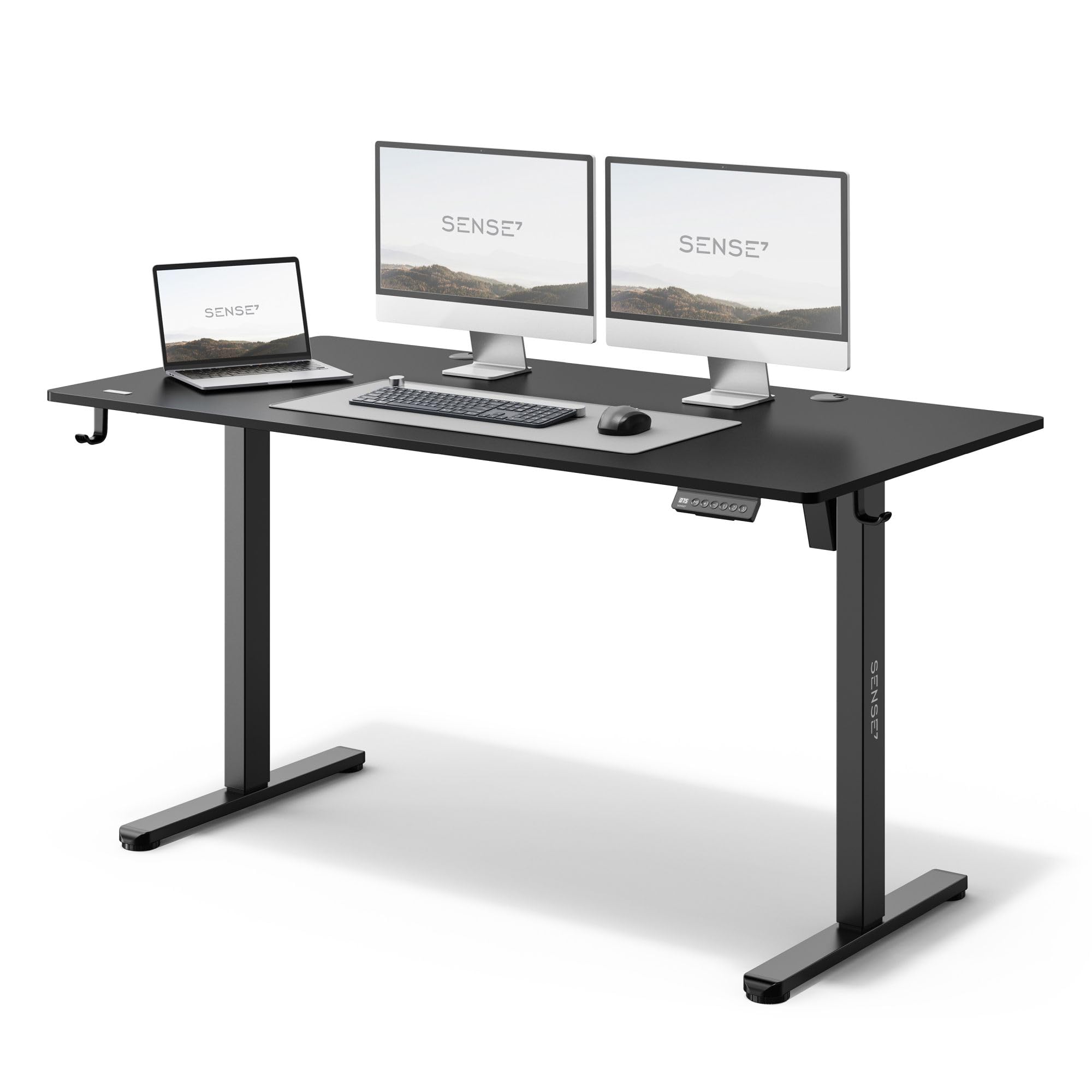 SENSE7 Scrivania Elettrica Regolabile in Altezza NOJO, Standing Desk 140x70, Tavolo PC con Memoria, Scrivania con Vassoio per Cavi, Tavolo da Gaming con Gancio, Regolazione Silenziosa, Black