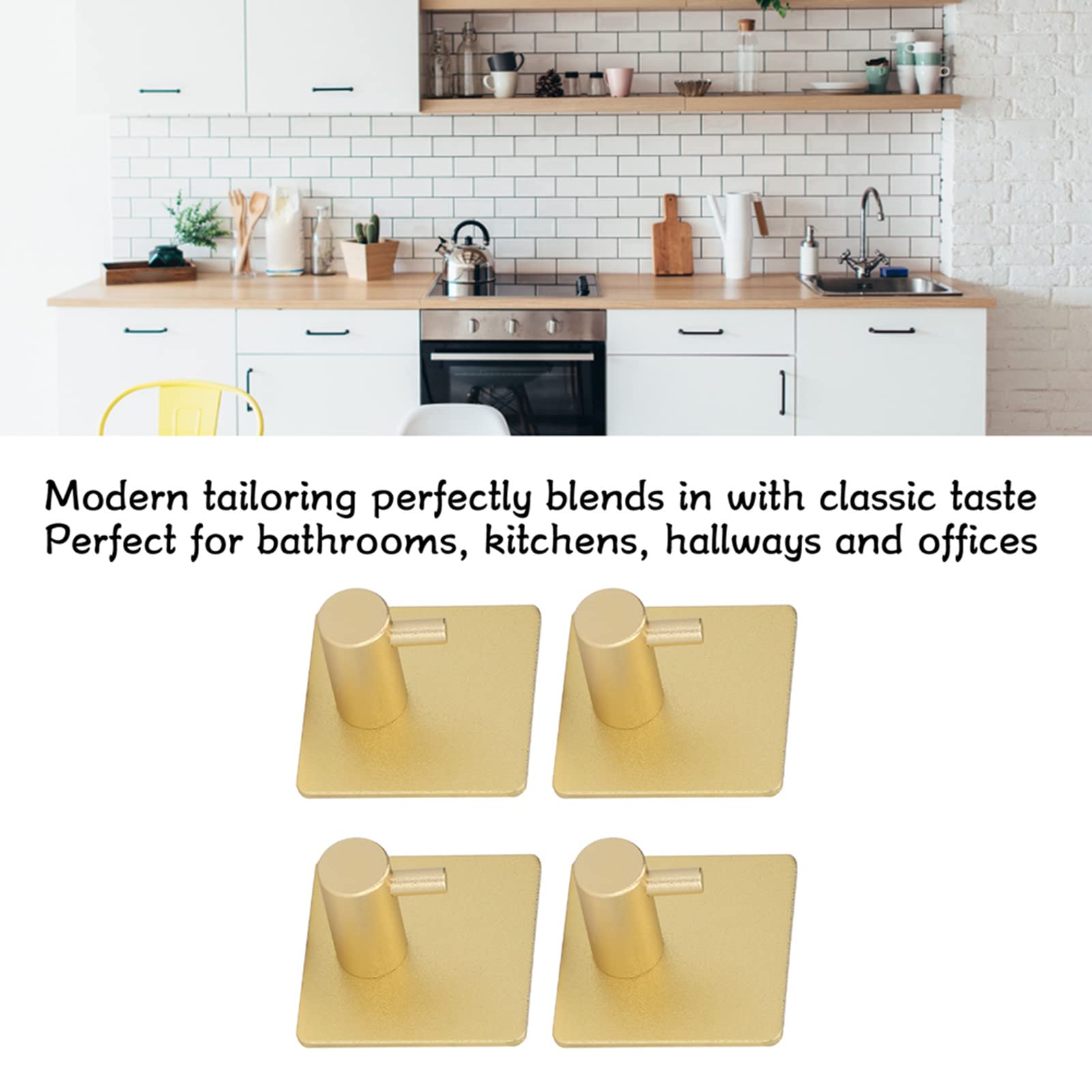 AMAKO 4Pcs Golden Towel Hooks for Bathrooms: Rustproof Aluminum Heavy Duty Adhesive Wall Hanger for Towel Coat Hat Robe, Bathroom Wall Decor