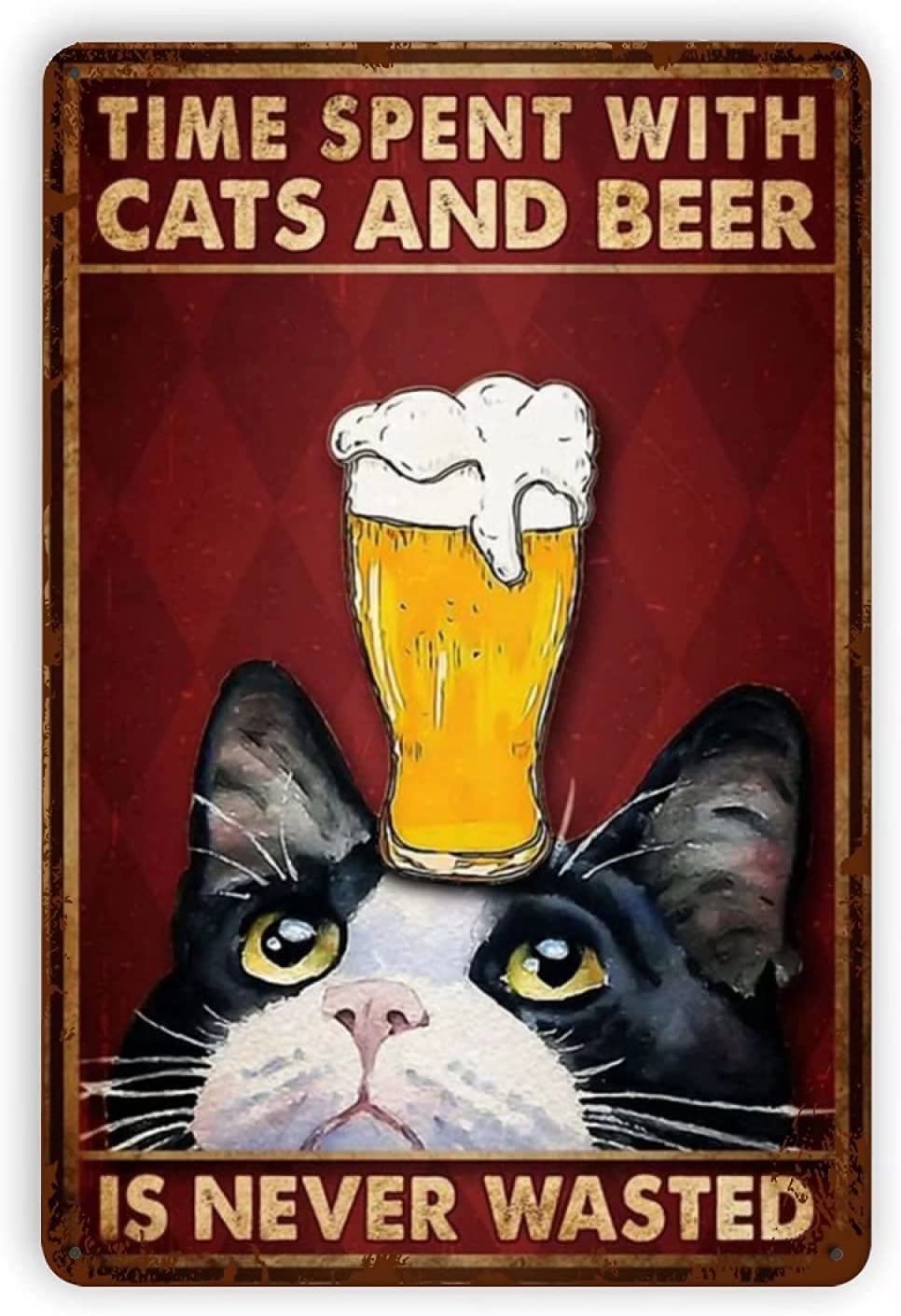 Tin Sign Cats And Beer Wall Retro Tin Sign,Bathroom Decoration for Bars,Restaurants,Cafes and Bars,New Year,Metal Sign 8x12 Inches