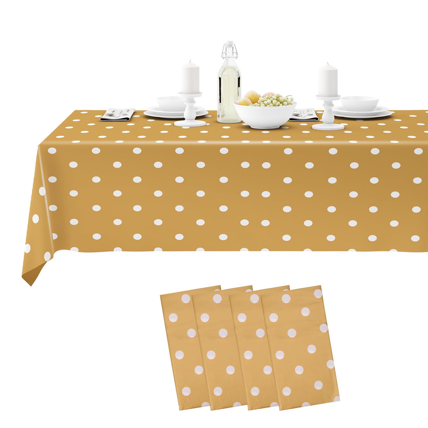 54"X 108" Polka Dots Disposable Plastic Table Cover - Waterproof, Spill-Proof, Rectangular Table Protector for Birthdays, Baby Showers, Outdoor Dinners, Picnics, Gold - Pack of 4 — image 1