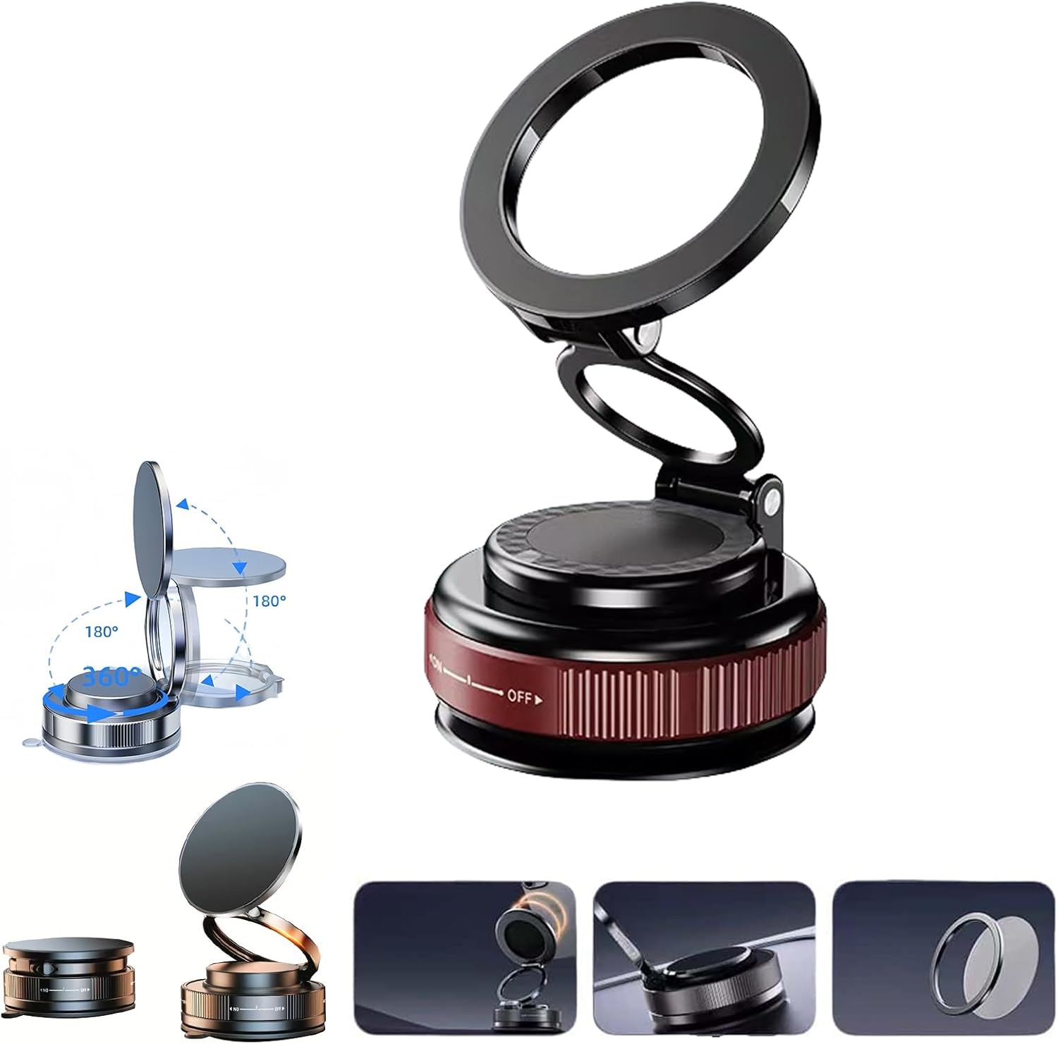 Vacuum Magnetic Car Phone Holder 360° Adjustable Foldable Portable Magnetic Phone Holder for Car for Car/Gym/Mirror/Smooth Surface Suction Cup Phone Mount Compatible for All Smartphones (Volcanic Red)