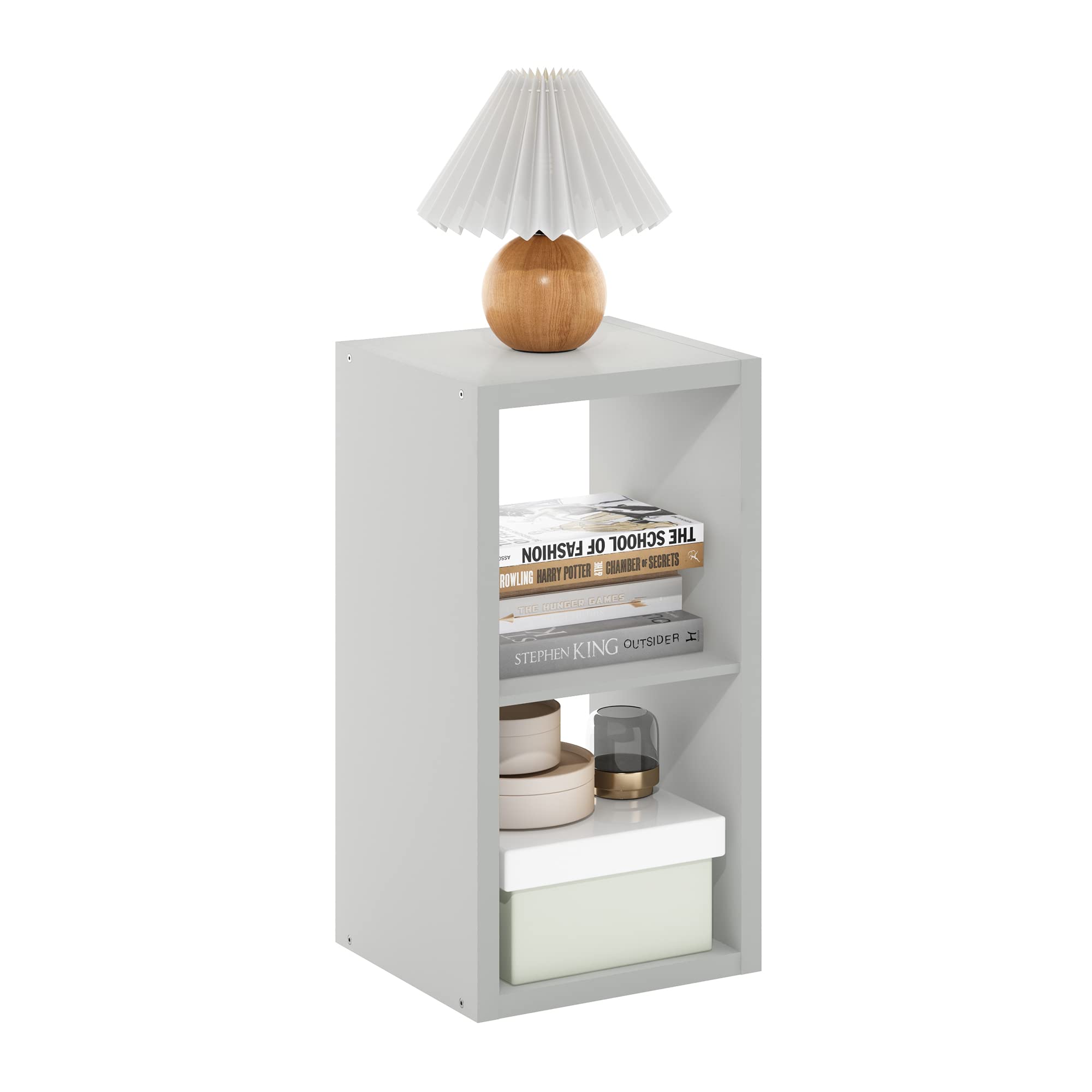 Furinno CUBICLE Book Shelf, 2-Cube Thick Frame Bookshelf, Horizontally & Vertically Reversible Bookcase with Open Back, 14.6 x 15.9 x 30, for Living Room, Bedroom, Home Office, Light Grey