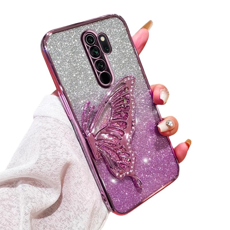 Compatible for Xiaomi Redmi Note 8 Pro Case with Butterfly Stand, Clear Glitter Quicksand 3D Butterfly Bling, Soft Protective Cover Women Girls Case