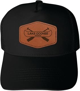 Lake Oconee Georgia Design 2 Unisex Mesh Back Trucker Hat – Hexagonal Engraved Leather Patch