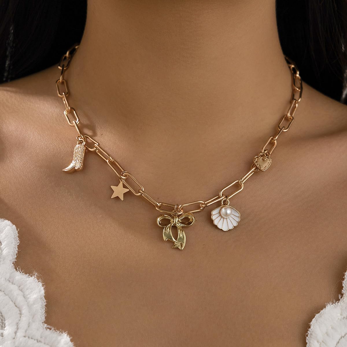 Dainty Western Charm Necklace for Women Chunky Paperclip Link Chain Choker Boho Cowboy Boot Star Bow Heart Shell Pearl Pendant Trendy Y2k Ocean Summer Beach Surfer Jewelry Cowgirl Accessory - Image 2