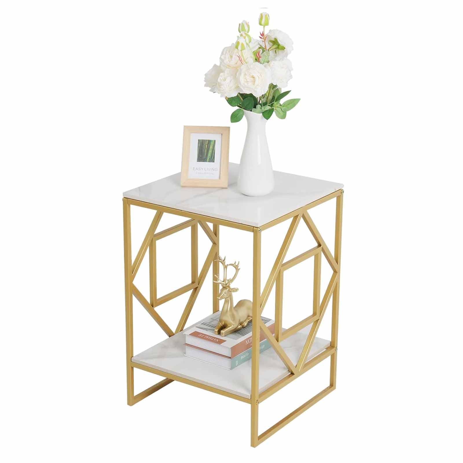 SXZenSpace Sintered Stone End Table, 2 Tier Square White Small Coffee Table with Gold Frame, Modern Sofa Storage Side Bedside Nightstand for Living Room Bedroom