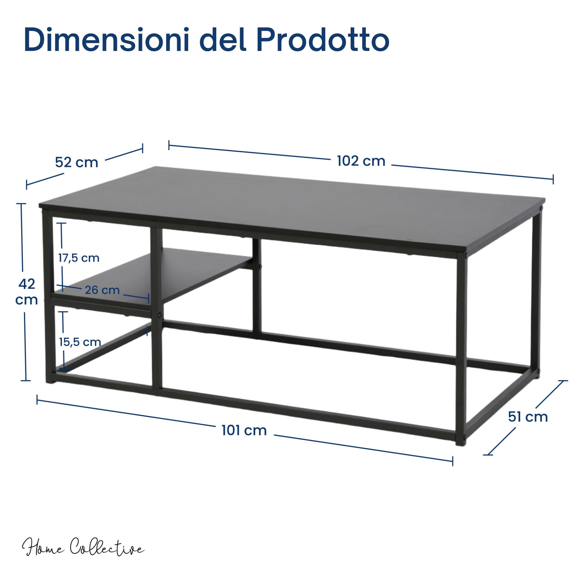 Tavolino da caffè, Tavolo da salotto, tavolino da soggiorno, tavolino da divano | Con ripiano e struttura in metallo verniciato a polvere | Facile da pulire e robusto | 102x52x42 cm (LxPxA) | Nero