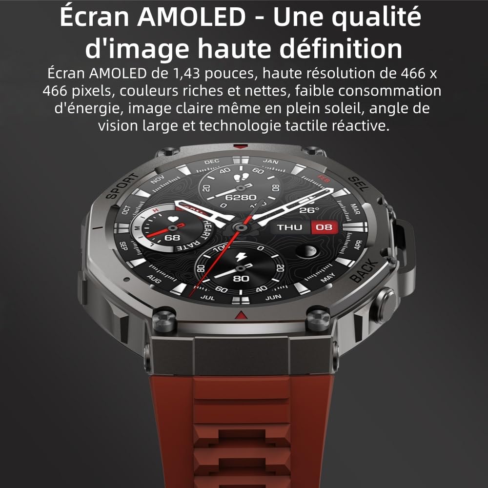 MEIION Mivrass GPS Sports Smartwatch Homme Femme 1.43" Écran Tacile - Appel Bluetooth, Cardiofréquence, Analyse Sommeil, 170+ Modes Sport, Sangle Silicone Souple et Résistante