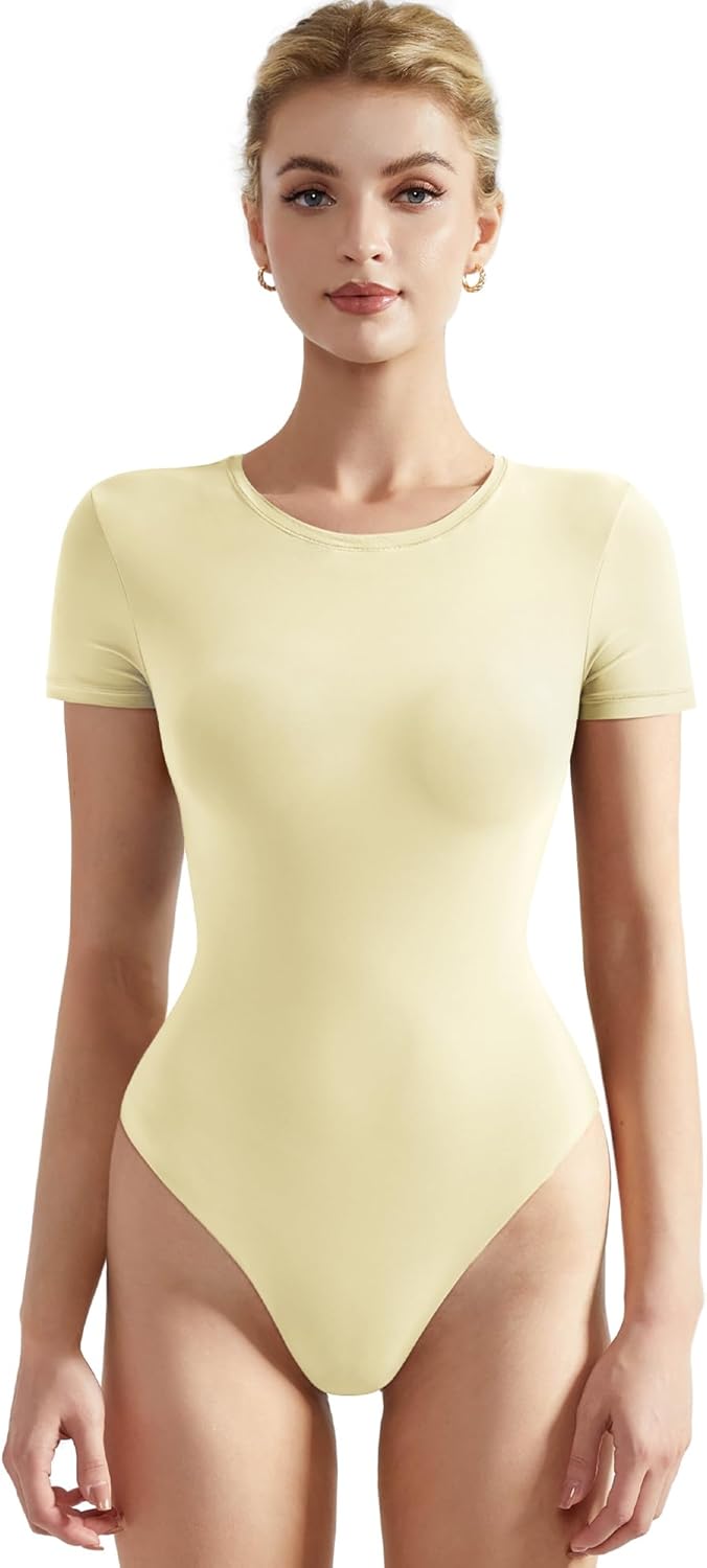 SUUKSESS Women Crew Neck Short Sleeve Thong Bodysuit Shirts Basic Top