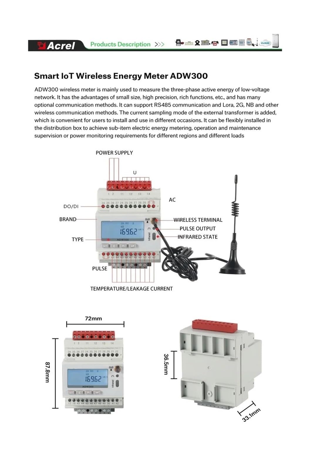 ADW300 miernik energii opcjonalny 4G 2G WiFi RS485 MODBUS-RTU 3/trójfazowy licznik energii elektrycznej (ADW300W)