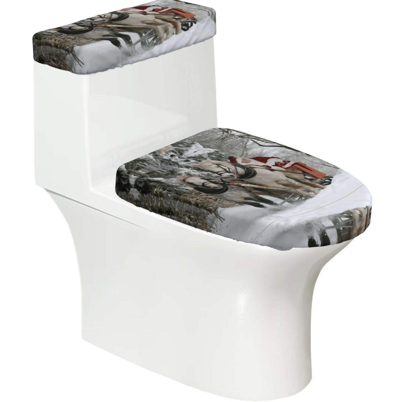 Christmas Santa Claus 2-Piece Toilet Seat Cover Set with Tank Lid - Elastic for U-Shape & Elongated - Bathroom Decor