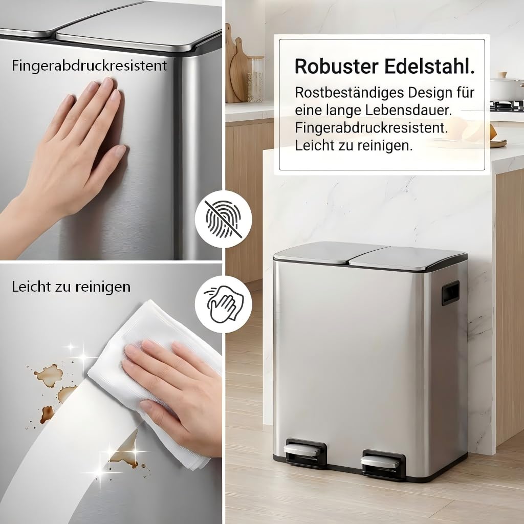 Mülleimer Küche 2 x 19 L(38L), Edelstahl Treteimer mit Deckel, Mülltrennsystem 2 Fächer, Abfalleimer mit Softclose, Fingerabdruckresistent, Pedaleimer mit Inneneimer für Küche Haushalt