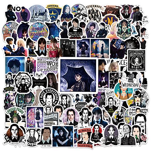 JunMallko Wednesday Addams Lot de 120 Autocollants, Mercredi Addams Autocollants, Autocollant Imperméable de Vinyle de Graffiti, Drôle Mercredi Autocollants Stickers pour Voitures, Valises, Guitares