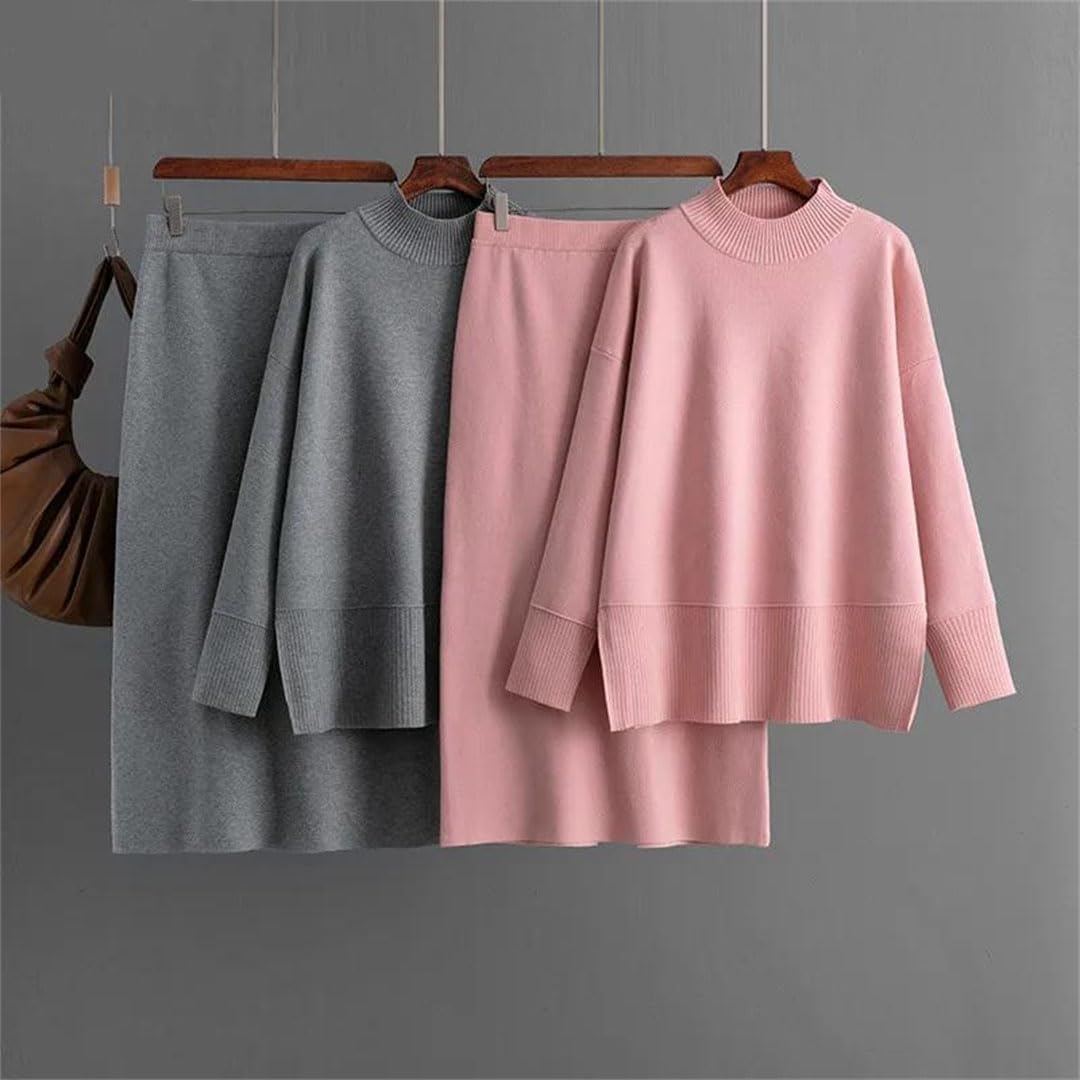Women Korean Knitted 2 Piece Sets O-Neck Long Sleeve Sweater Pullover Tops Split Skirts Outfit