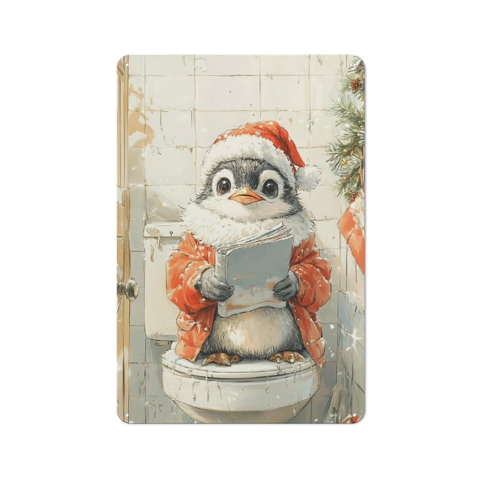 Junmoney Penguin Reading On Toilet Metal Wall Sign 30X20cm, Retro Decor For Home Bar Wall, For Metal Sign Collectors, For Garage And Workshop Walls