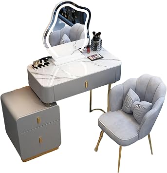 Vanity Table Sets with LED Mirror and Sideboard with Drawers, 3 Color Touch Screen Dimming Mirror, Dressing Table for Makeup Room and Bedroom with Stool,Black and Gold-80cm