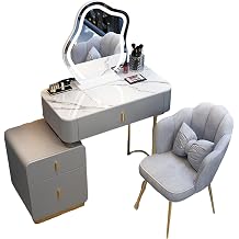 Vanity Table Sets with LED Mirror and Sideboard with Drawers, 3 Color Touch Screen Dimming Mirror, Dressing Table for Makeup Room and Bedroom with Stool,Black and Gold-80cm