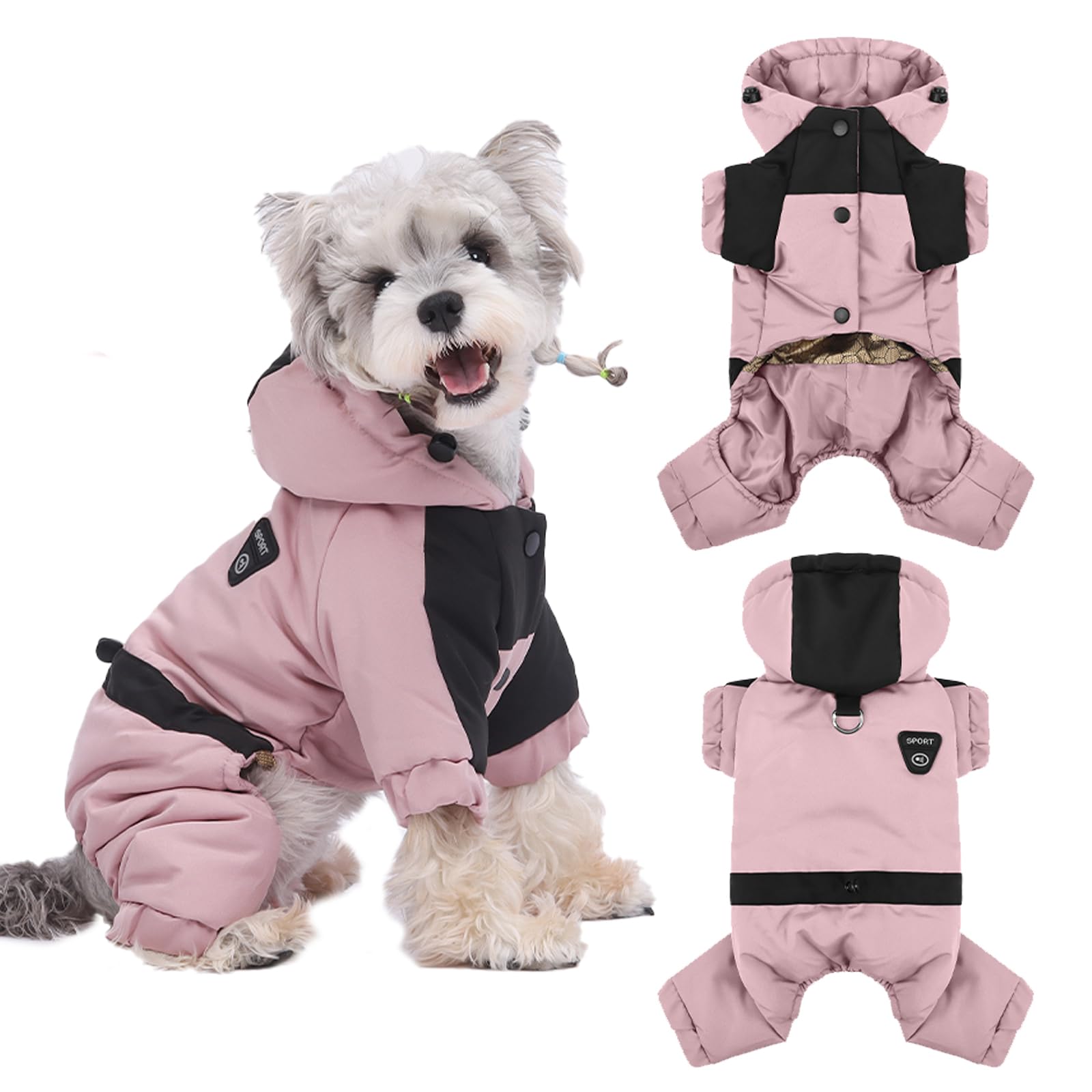 Warmer Hundemantel mit Kapuze, wasserdichter, winddichter Winter-Hundemantel für den ganzen Körper, Schneeanzug, verstellbare Kleidung für Haustiere bei kaltem Wetter (Rosa, M)