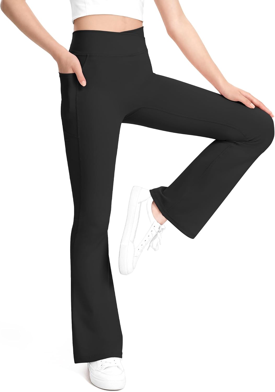 KEREDA Girls Flare Leggings High Waist Bell Bottoms for Kids Yoga Dance Pants with Pockets Ages 7-14 Years