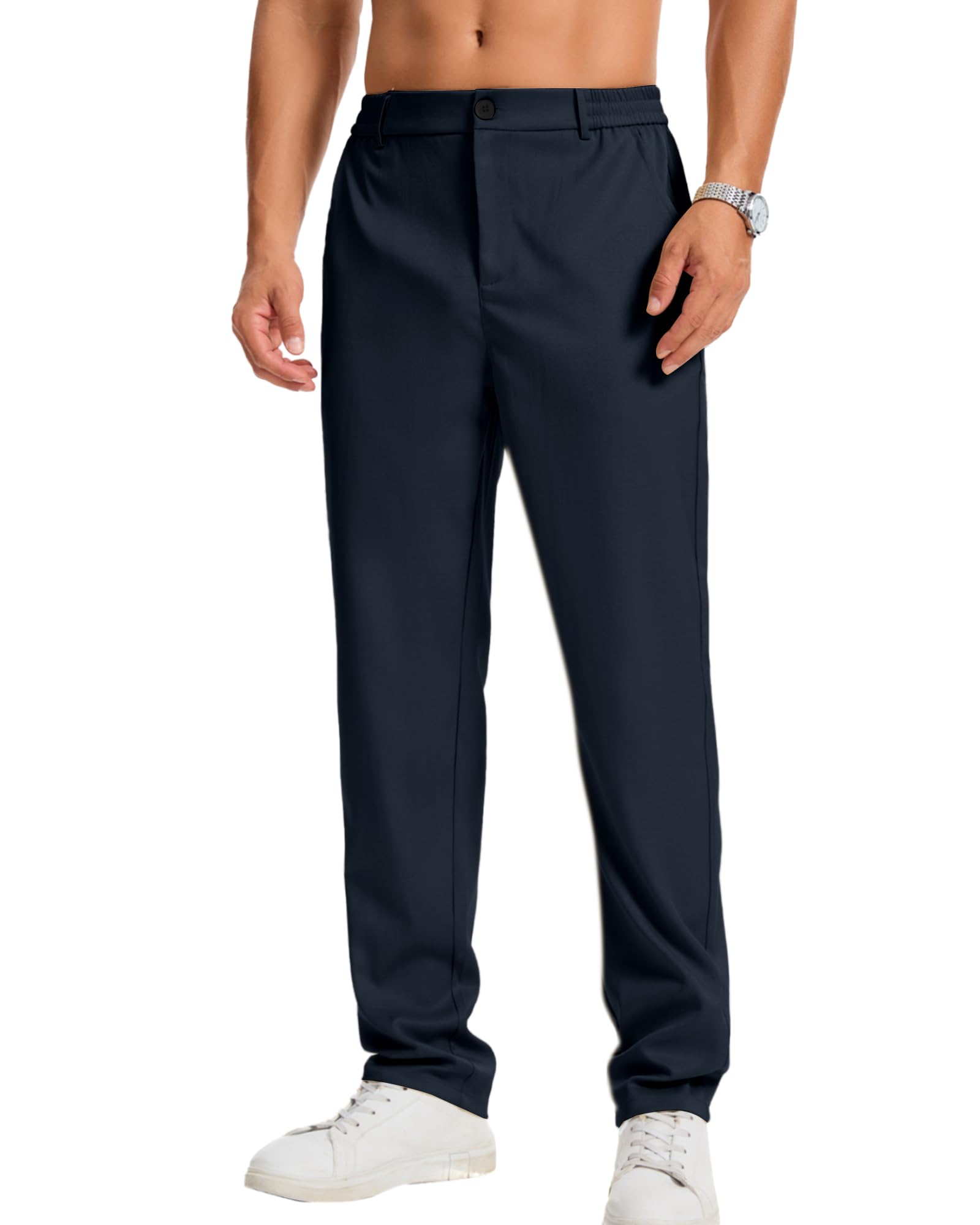 LVCBL Pantalon Chino Stretch pour Homme - Coupe Droite - Couleur Unie - avec élastique à la Taille