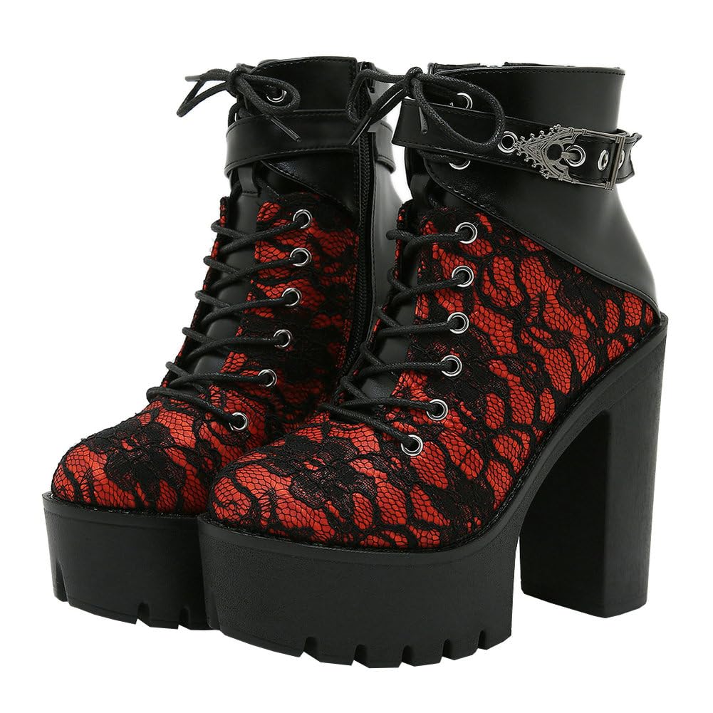 Parisuit Womens Victorian Lace Goth Platform Boots Lace-Up Chunky High Heels Ankle Combat Boots with Buckle-black size 9