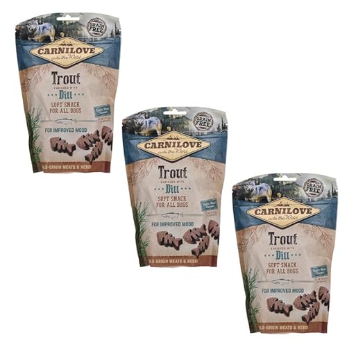 Carnilove Soft Snack Trout enriched with Dill | 3er Pack | 3 x 200 g | Leckerli für Hunde | Forelle und Dill | Ohne Zuckerzusatz | exotischer Fleischgeschmack
