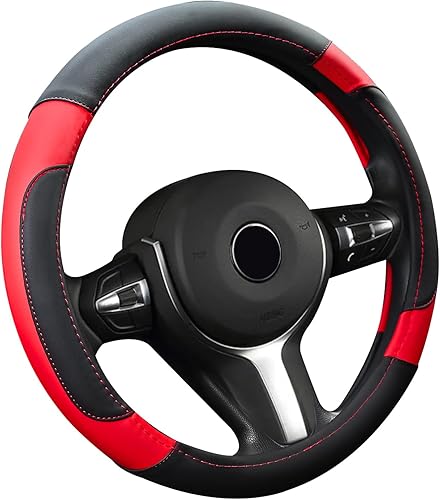 Didida Cubierta de rueda de cuero de microfibra ajuste universal para universal 15 pulgadas, negro y rojo