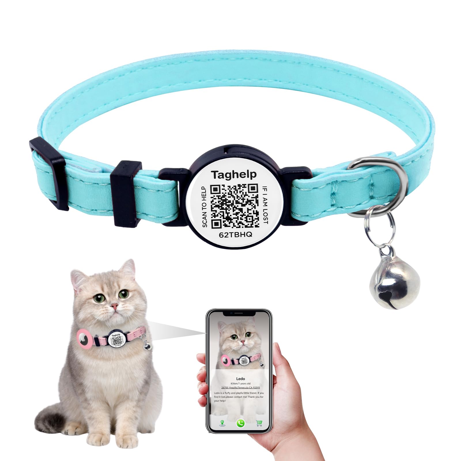 Leather Breakaway Cat Collar with Bell - Kitten Collar, Small and Big Cat Collar for Boy Girl Cats with smart ID tag .Pet Online Profile, Scan QR for Instant Location Alerts(Blue)