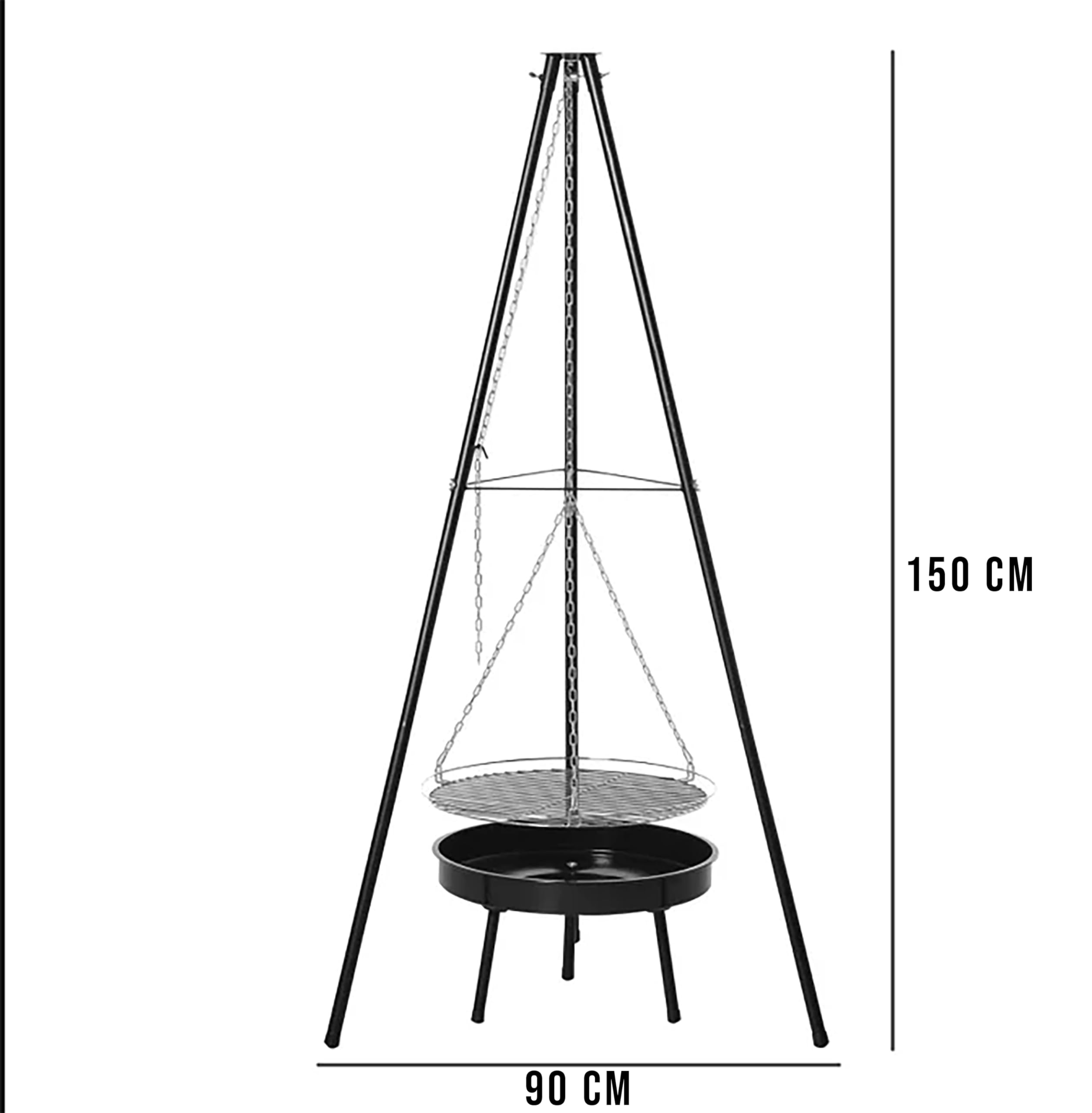 Grill Dreibein Schwenkgrill inkl. Gusstopf Dutch Oven, Grillgestell mit Kette, 150 cm hoch, inkl. 46cm Grillrost, inkl. 50 cm Feuerschale, Holzkohlegrill (Schwenkgrill inkl. 9L Gusstopf)