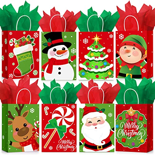24 Pcs Christmas Gift Bags with Tissue Paper, Merry Christmas Xmas Kraft Paper Goodie Bags with Handles Bulk for Christmas Gift Wrapping Holiday Party Supplies (Santa Elk, Small)