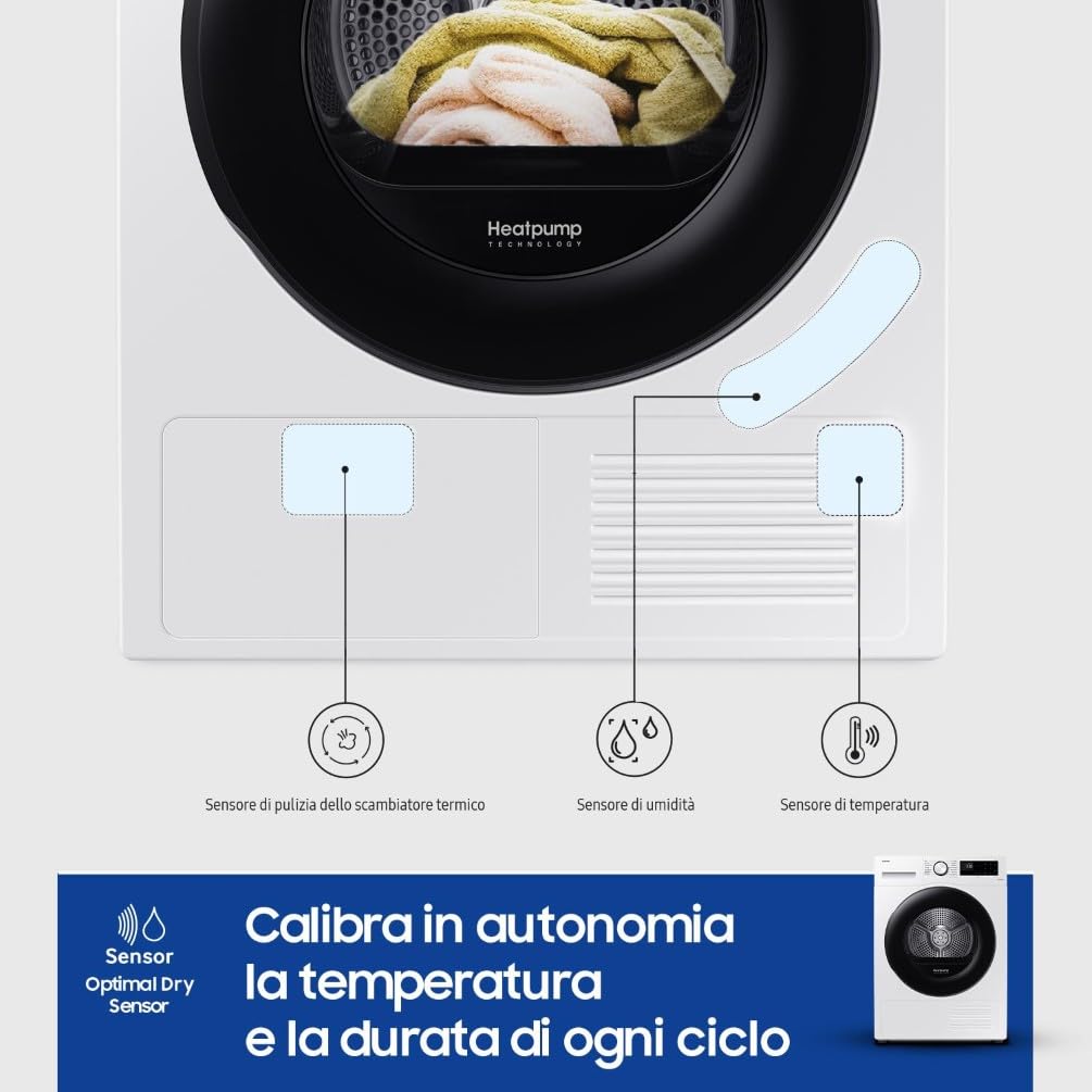 Samsung Asciugatrice Crystal EcoDry DV90CGC0A0AE/ET 9 Kg, Pompa di Calore, Wifi, Sensore Optimal Dry, Filtro 2 in 1, Carica Frontale, 60L x 80H x 65P cm