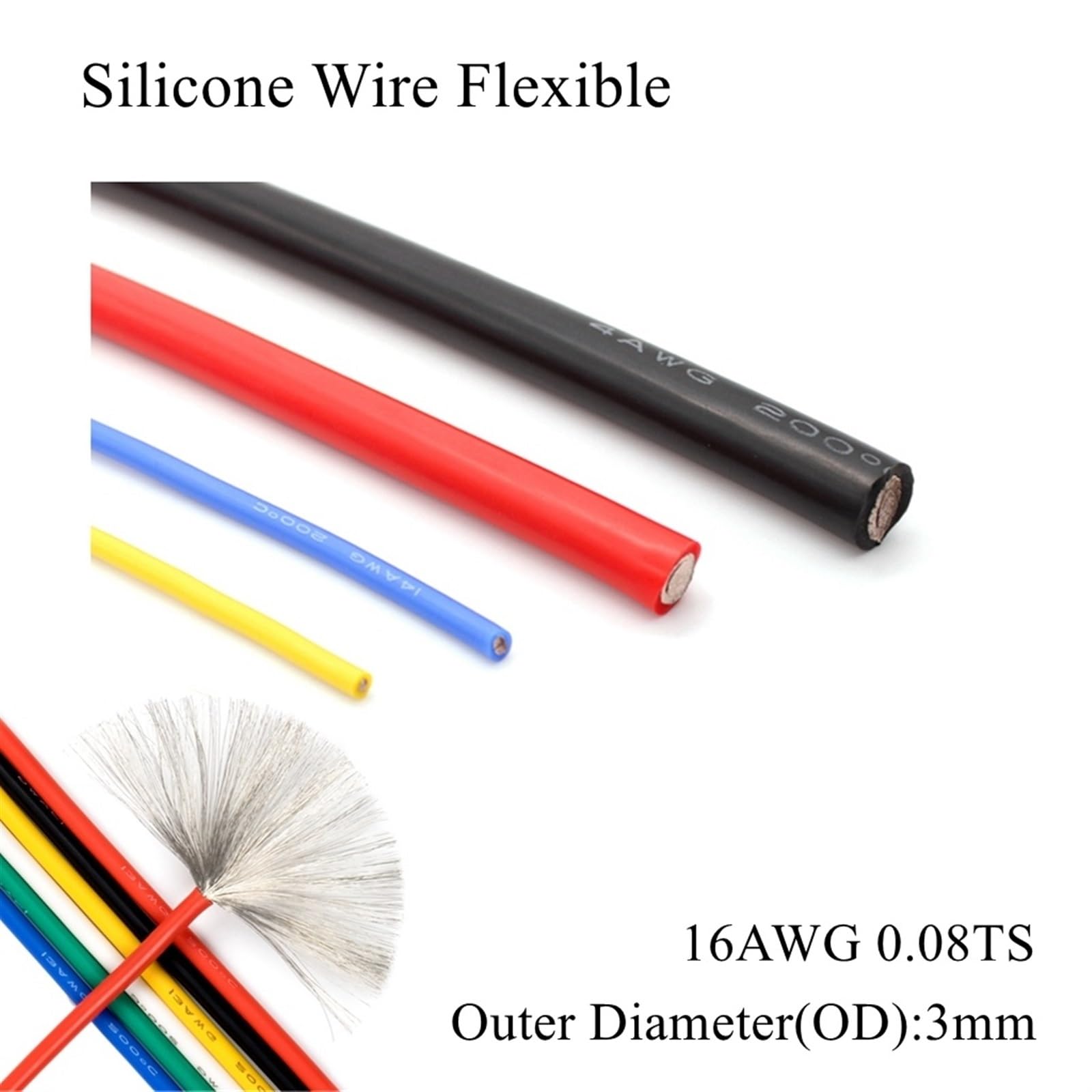 Outdoor Extension 5 Meters 16AWG 1.2mm Flexible Silicone Cable High Temperature Heat Resistant Rubber Insulated Tinned Plated Copper Electrical Wire Solar sheathed(Red,8AWG 10mm2)