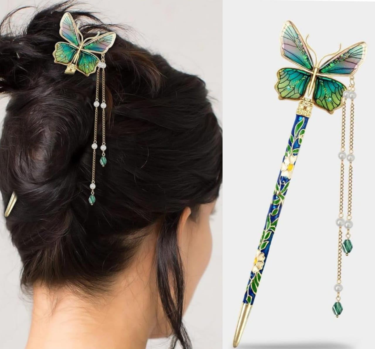 HAIR WALA™ Decorative Butterfly Hair Juda Stick with Pearl Beads, Green and Gold Traditional Japanese Hair Pin, Floral Design