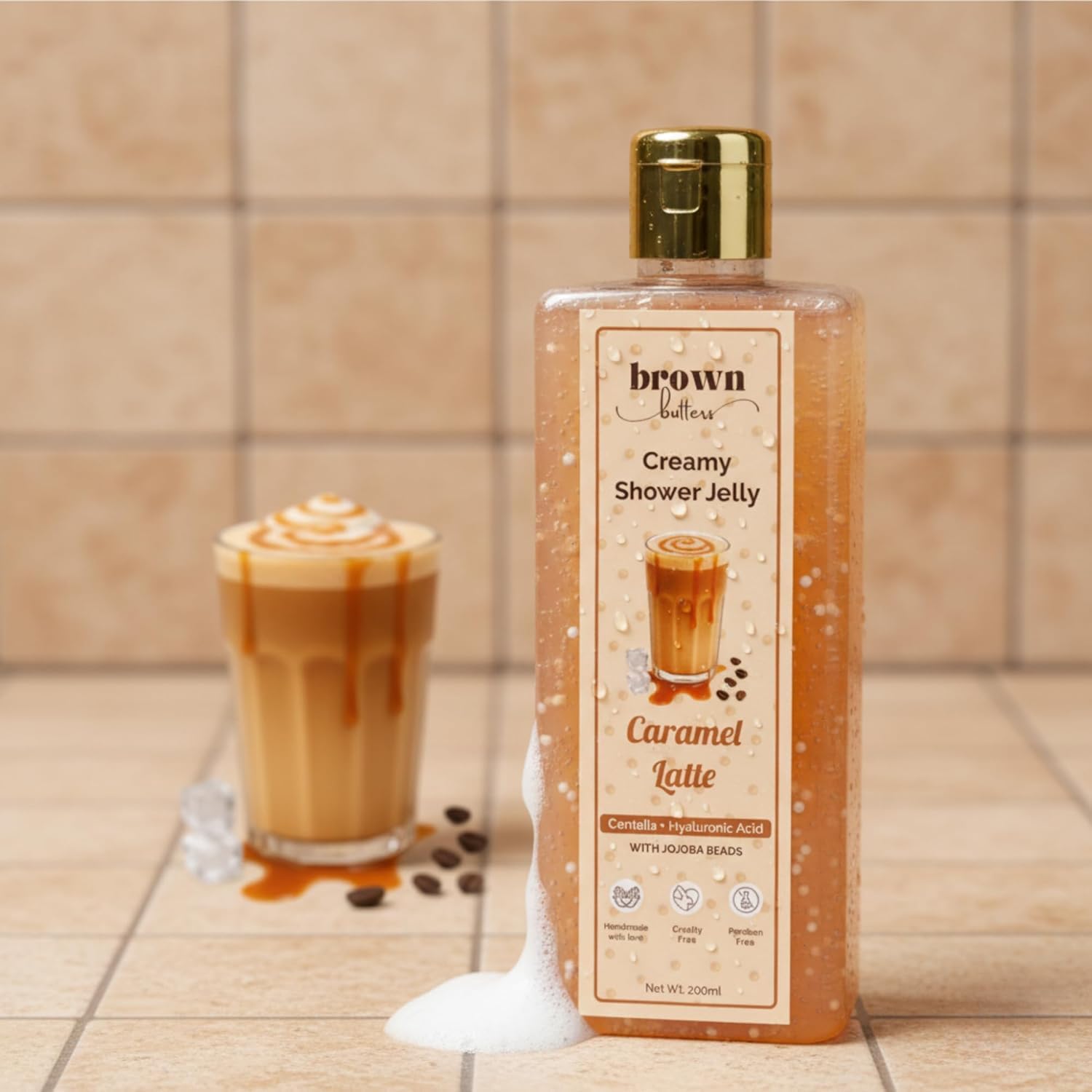 BEMT Caramel Latte Creamy Shower Jelly Hydrating Body Wash with Cooling Effect Gentle Exfoliating Cleanser for Smooth Even-Looking