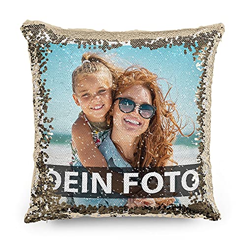 PR Print Royal Foto-Kissen selbst gestalten - Bedruckte goldene Wendepailletten, individuell mit Foto und Text I Personalisiertes Geschenk, Deko-Kissen mit Füllung, 40 x 40cm PR Print Royal Foto-Kissen selbst gestalten - Bedruckte goldene Wendepailletten, individuell mit Foto und Text I Personalisiertes Geschenk, Deko-Kissen mit Füllung, 40 x 40cm